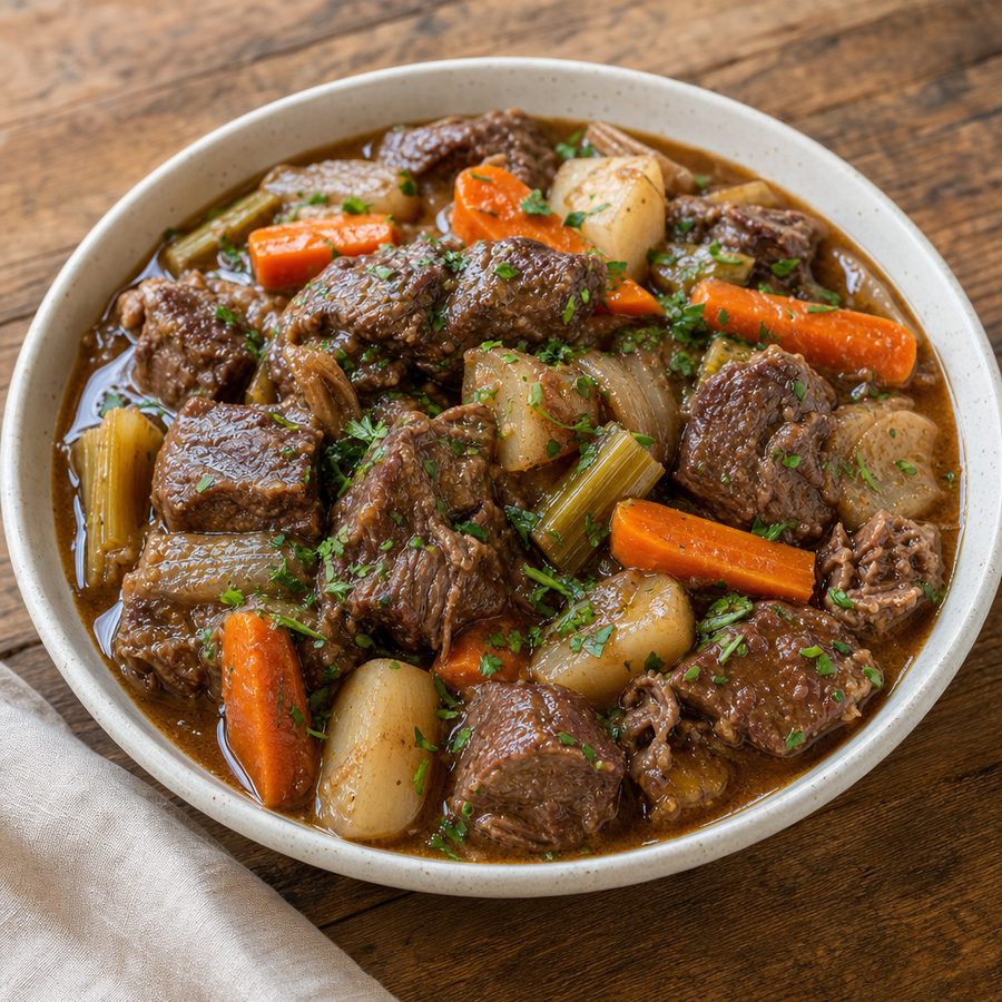 Beef pot roast with carrots, turnips and celery in gravy
