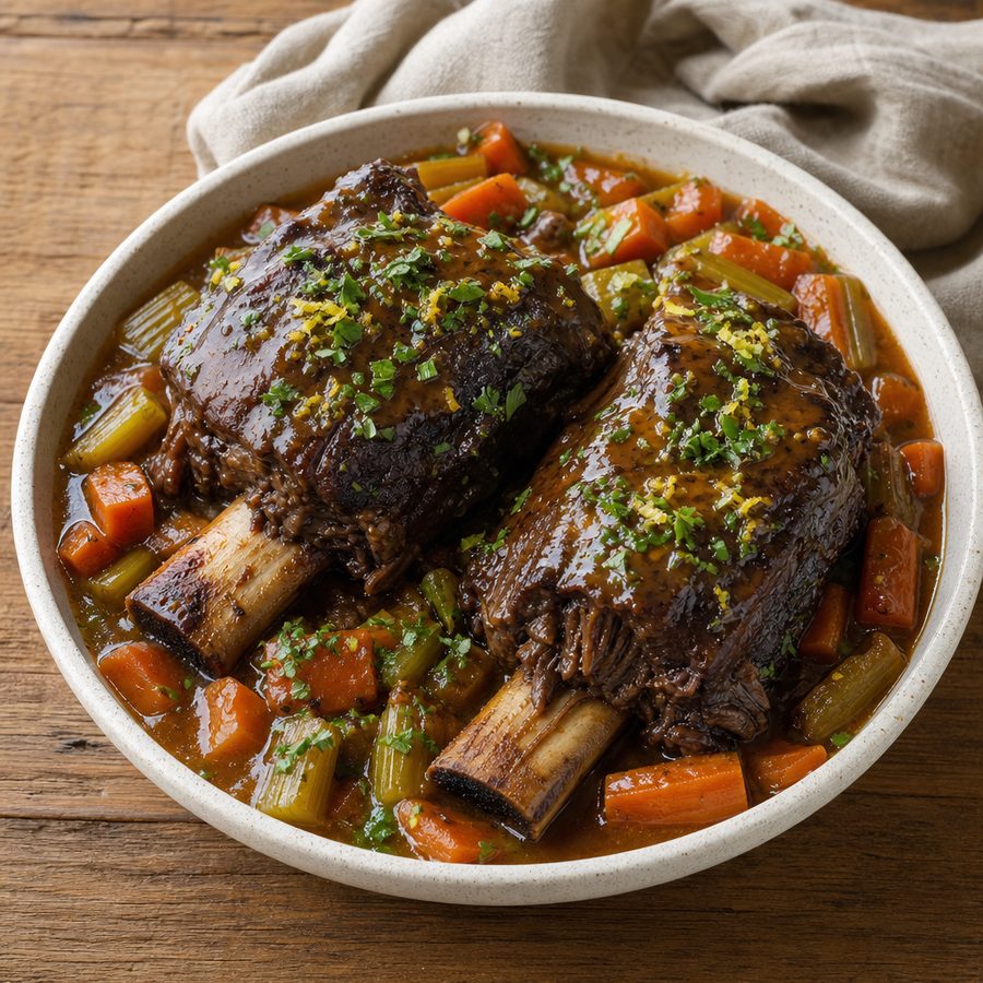 Braised beef short ribs with horseradish gravy and gremolata