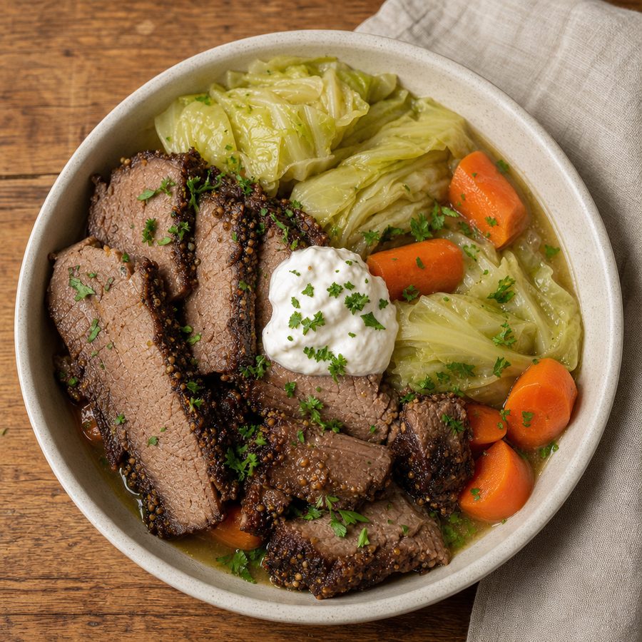 Sliced brisket with cabbage, carrots and horseradish cream