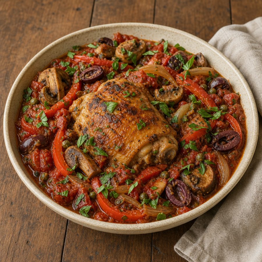 Chicken cacciatore with peppers, mushrooms and olives