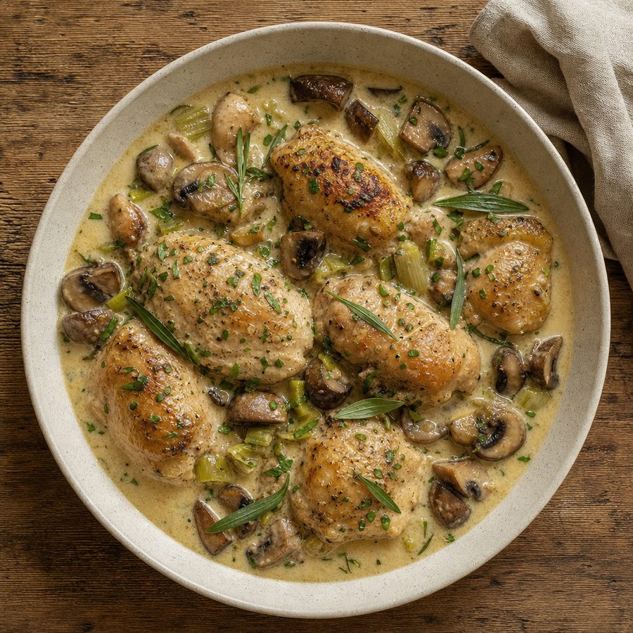 Chicken fricassée with mushrooms, leeks and tarragon cream sauce