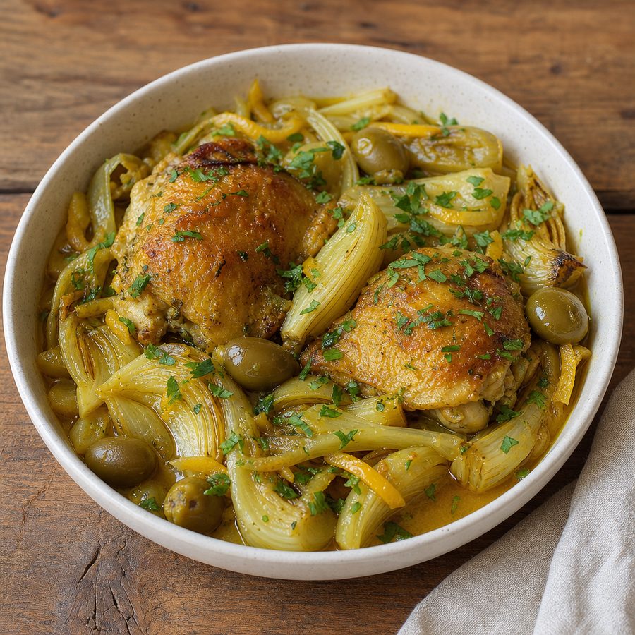 Chicken thighs with preserved lemon, fennel and green olives