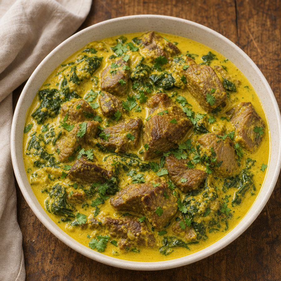 Coconut-braised lamb with turmeric, spinach and cilantro