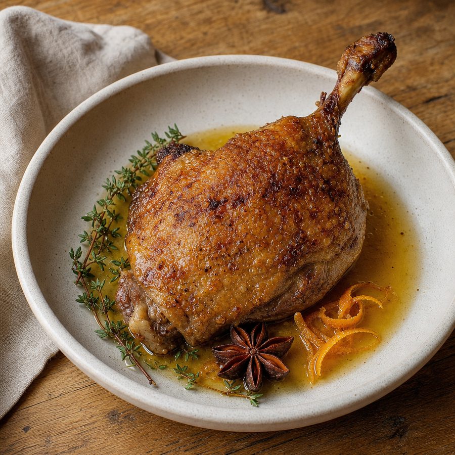Crisp-skinned duck confit leg with thyme and star anise