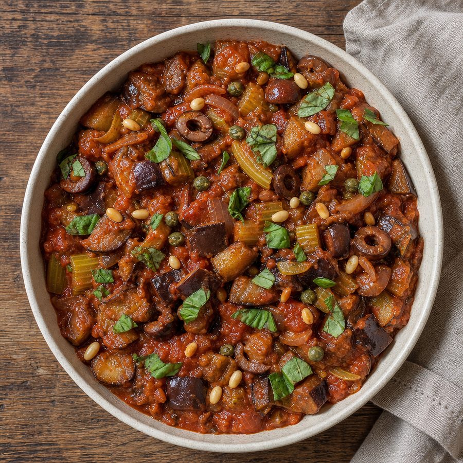 Eggplant caponata topped with toasted pine nuts and basil