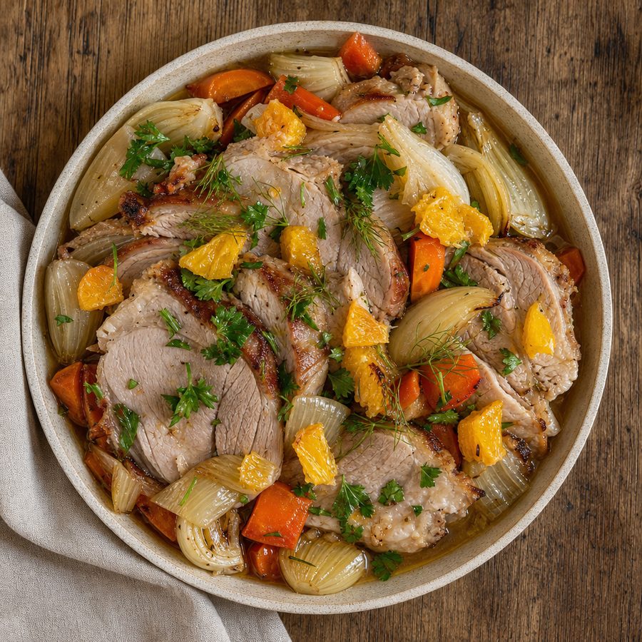 Sliced fresh ham with roasted vegetables and orange relish