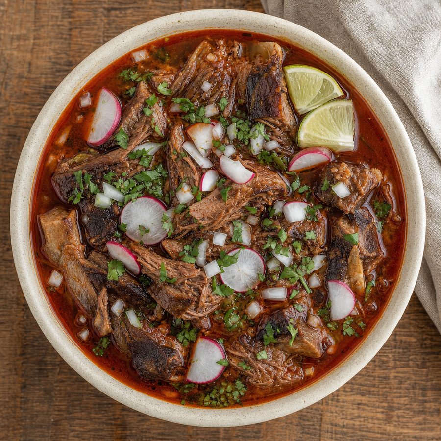 Goat birria in red consommé with onion, cilantro and radish