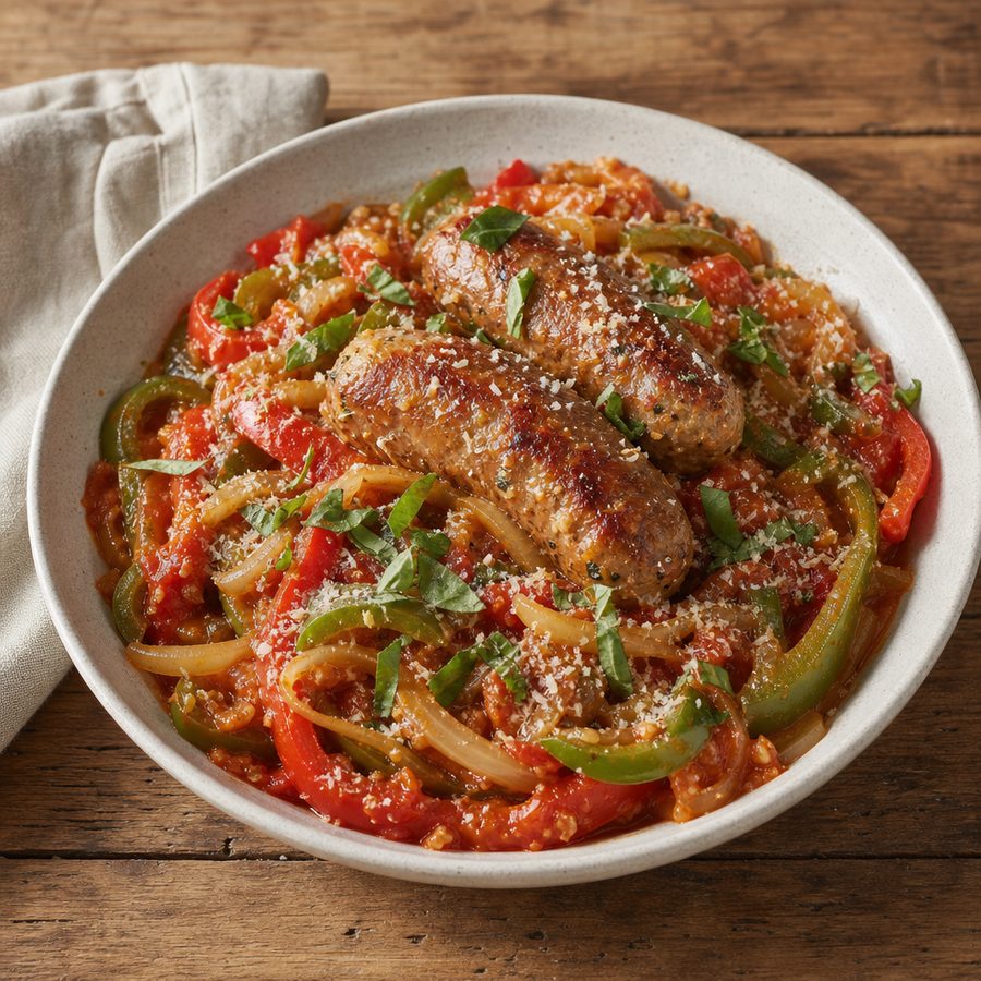 Italian sausage with peppers and onions in tomato sauce