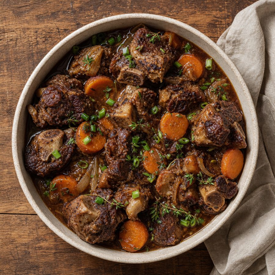 Jamaican oxtail in rich brown gravy with carrots and scallions