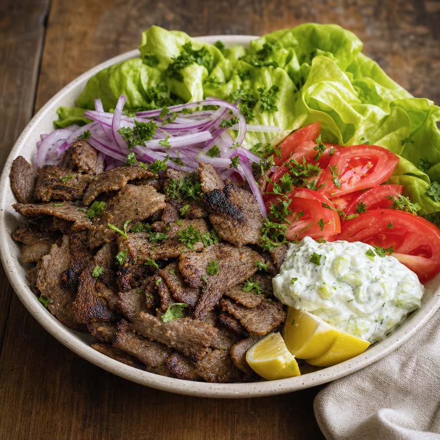 Sliced lamb gyro meat with tzatziki, tomatoes and lettuce leaves