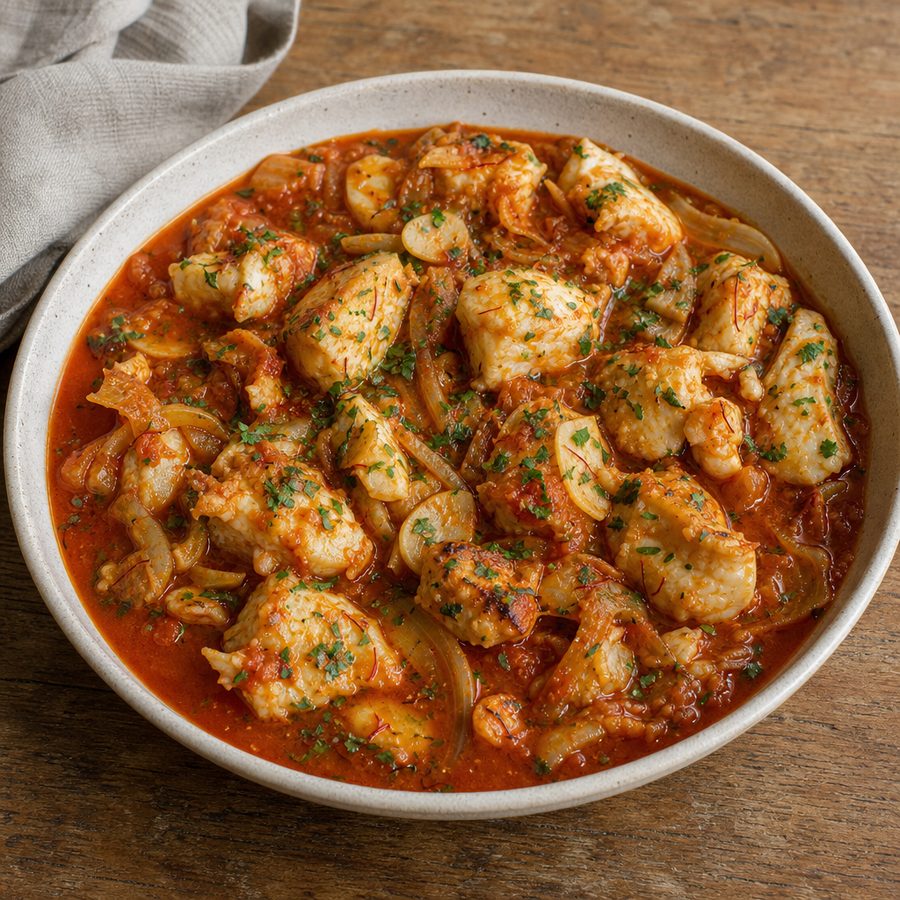 Monkfish in saffron tomato and fennel sauce