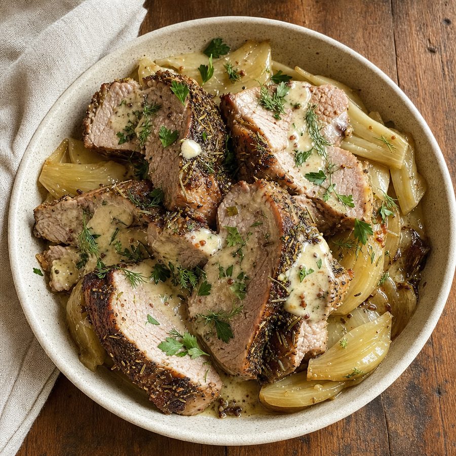 Mustard and herb pork roast over fennel and onions