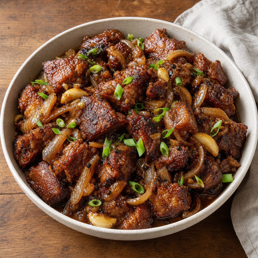 Glazed pork adobo scattered with scallions