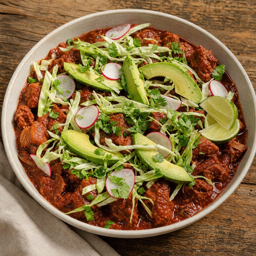Pork chile colorado topped with cabbage, radish and avocado