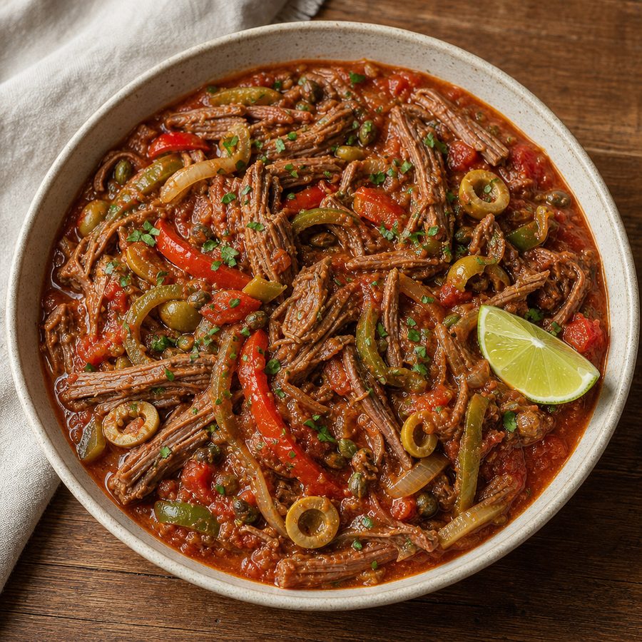 Ropa vieja with peppers, green olives and parsley