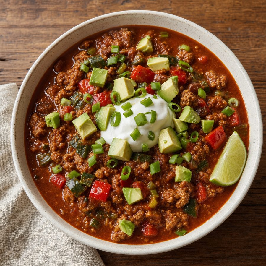 Turkey chili topped with avocado, sour cream and scallions