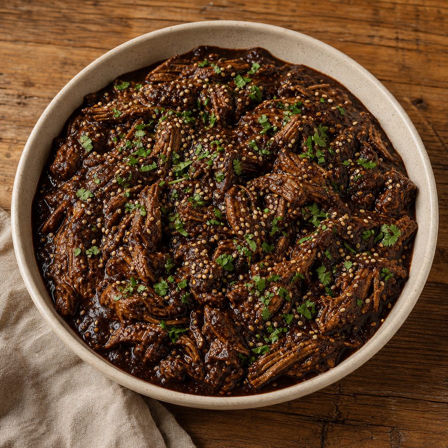 Shredded turkey in dark mole sauce with sesame and cilantro