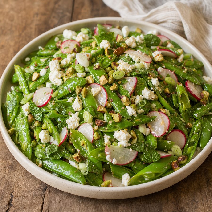 Snap pea and radish salad with mint, feta and pistachios