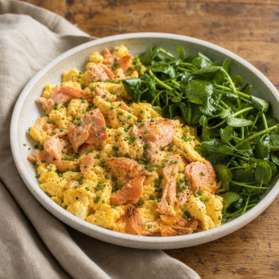 Soft scrambled eggs with flaked salmon, chives and watercress
