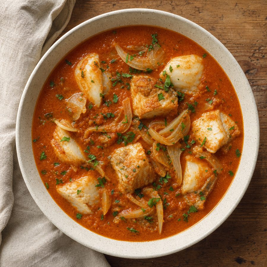 Romesco fish soup with chunks of white fish and parsley