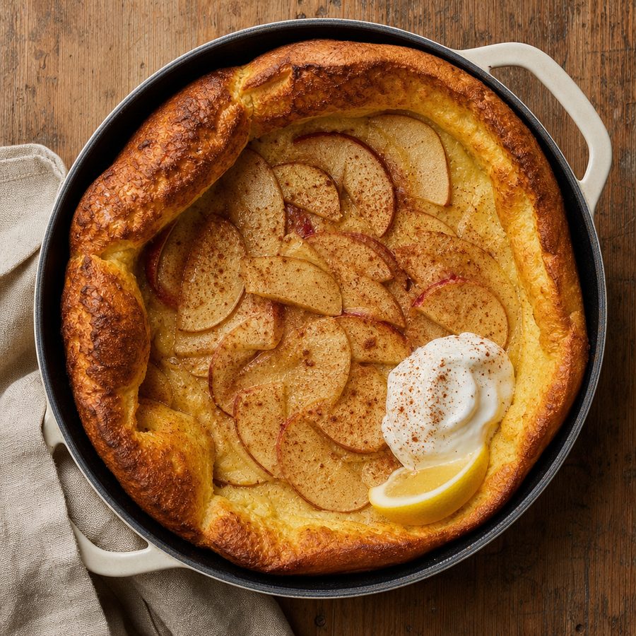 Spiced apple Dutch baby in a skillet with Greek yogurt