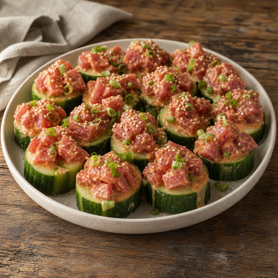 Cucumber rounds topped with spicy tuna, scallions and sesame