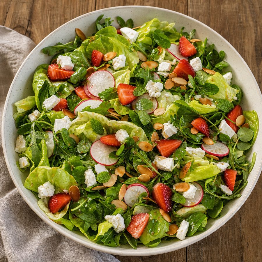 Spring greens with strawberries, feta, radishes and almonds