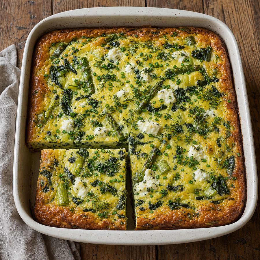 Spring vegetable egg bake with asparagus, leeks and goat cheese