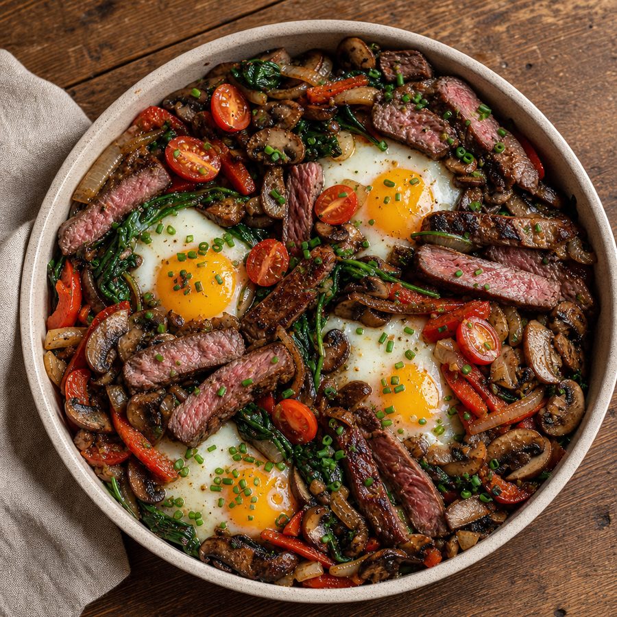Steak and egg skillet with mushrooms, peppers and cherry tomatoes