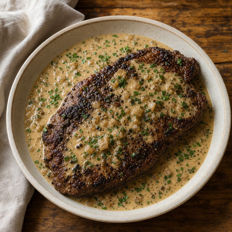 Steak au poivre with peppercorn cream pan sauce