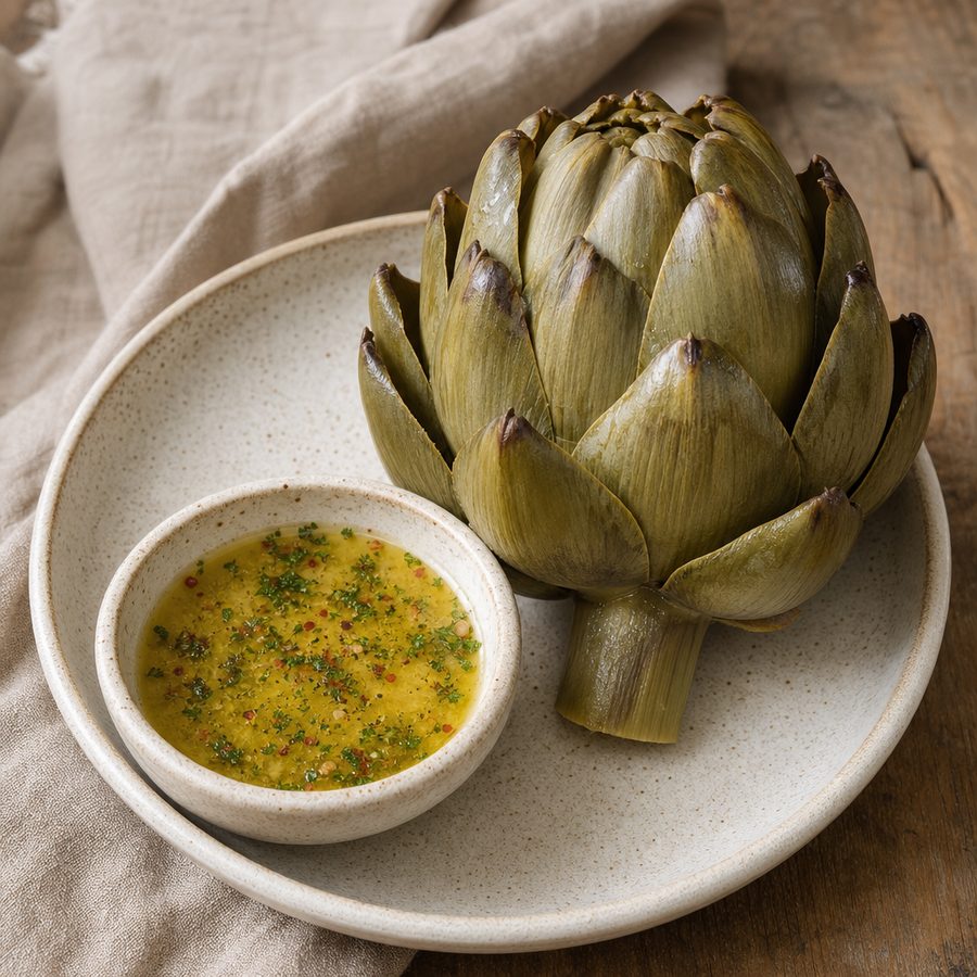 Whole steamed artichoke with lemon-garlic butter for dipping
