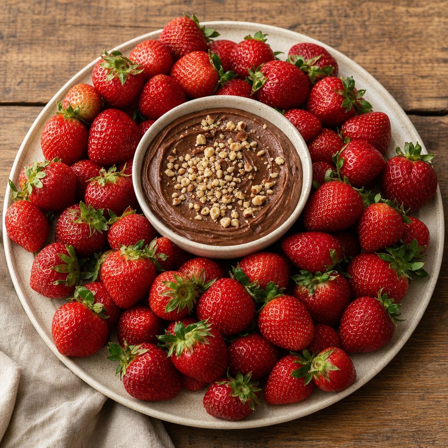 Strawberries around a bowl of cocoa mascarpone dip with hazelnuts