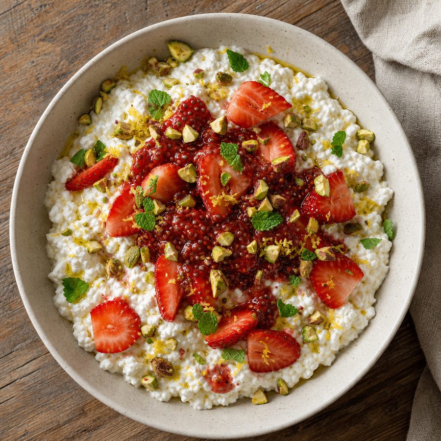 Cottage cheese bowl with strawberries, chia jam and pistachios