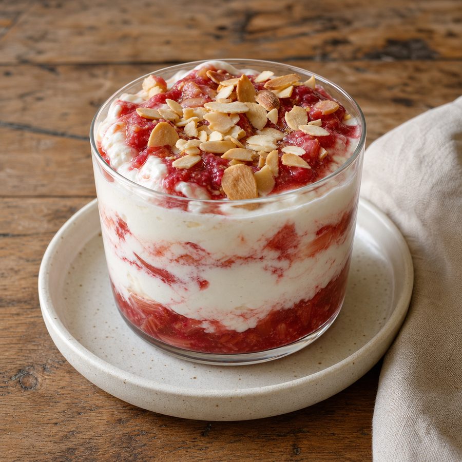 Strawberry rhubarb fool in a glass topped with toasted almonds
