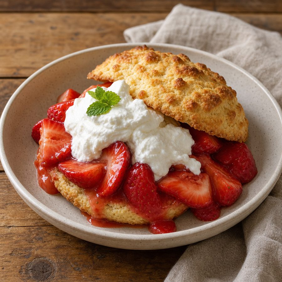 Strawberry shortcake with whipped cream and a mint leaf