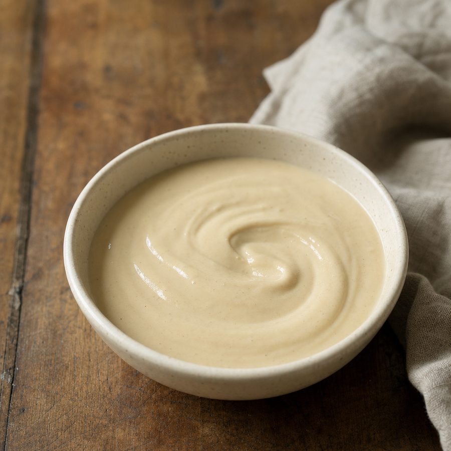 Smooth pale tahini sauce in a small bowl