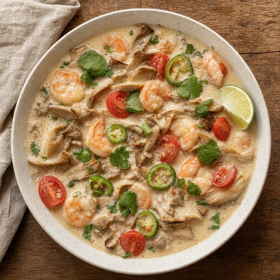 Tom kha coconut soup with shrimp, mushrooms and cilantro