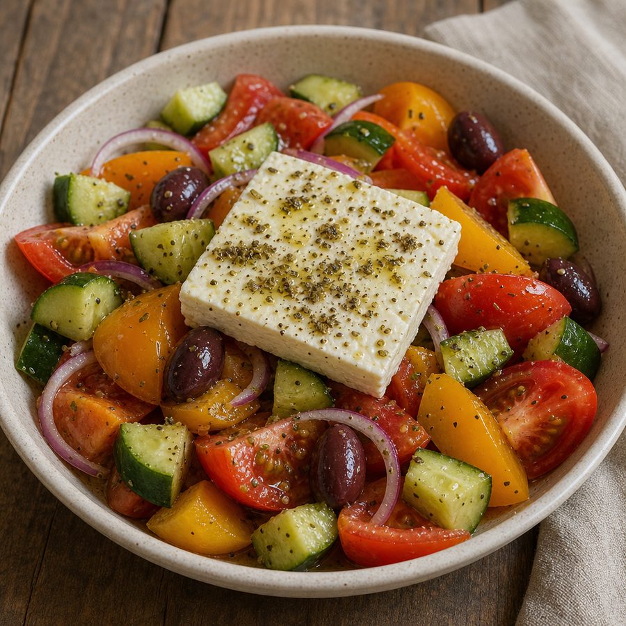 Tomato, cucumber and olive salad under a slab of feta