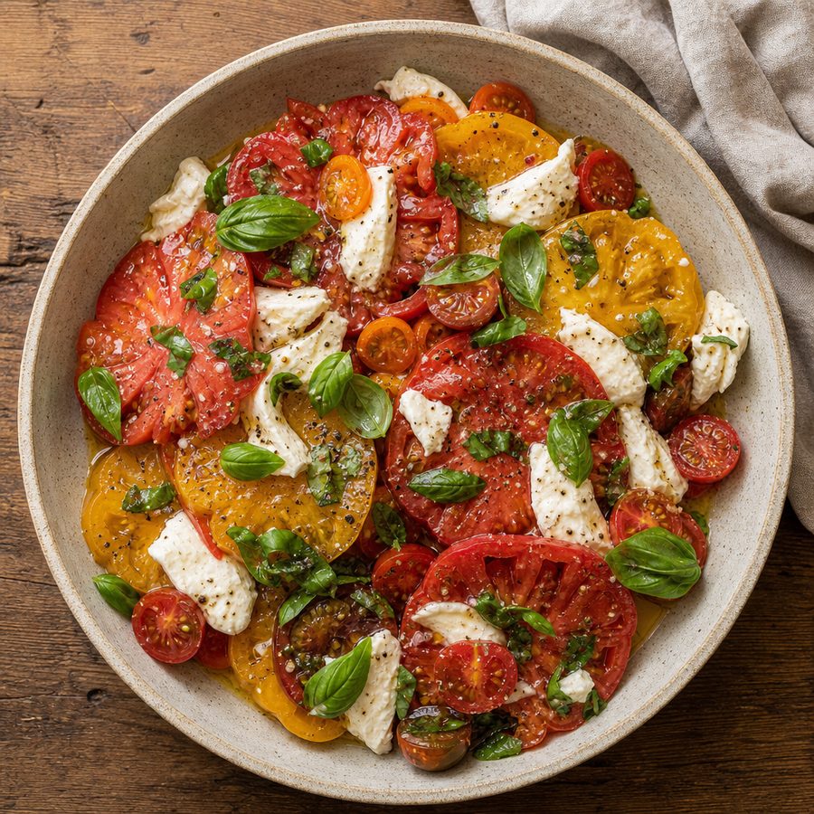 Tomato, mozzarella and basil salad with olive oil