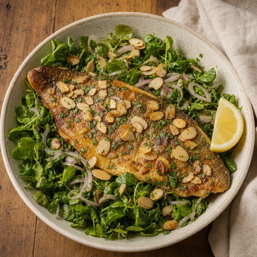 Trout amandine with browned butter almonds over watercress