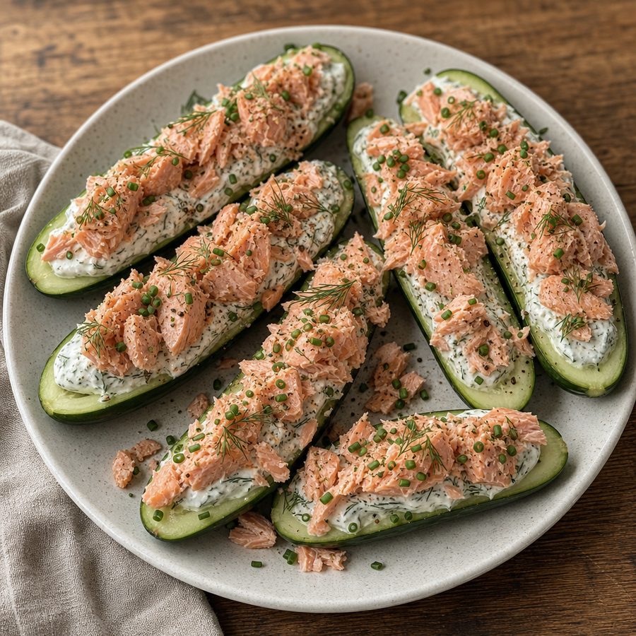 Cucumber boats filled with dill cream and flaked trout