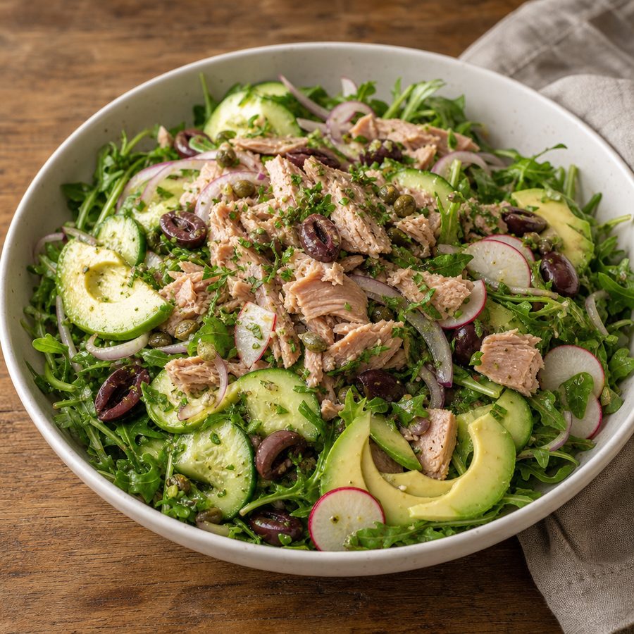 Tuna, avocado and cucumber bowl with arugula and olives