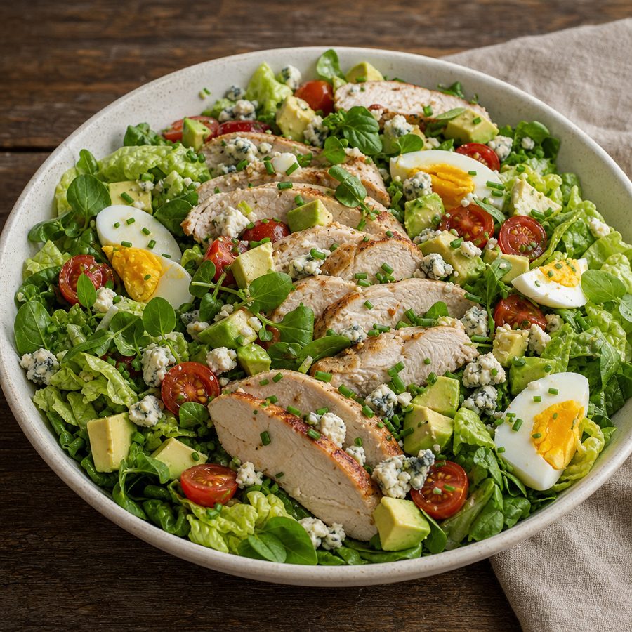 Turkey Cobb salad with rows of eggs, avocado, tomatoes and blue cheese