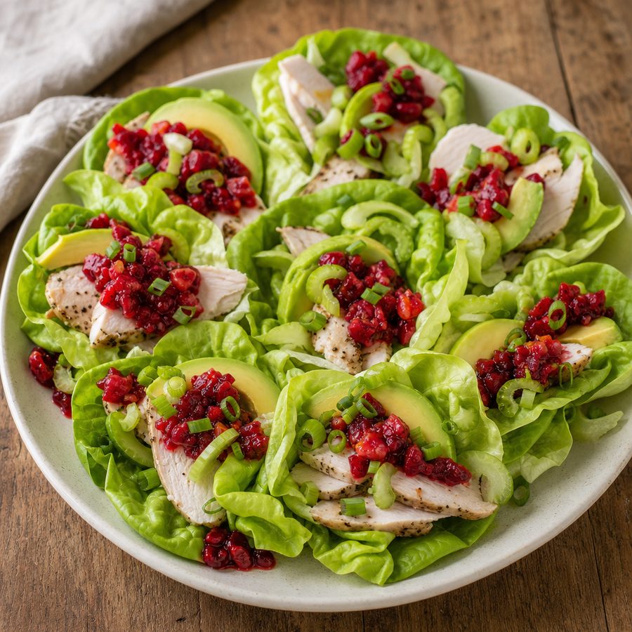 Turkey lettuce wraps with avocado, celery and cranberry relish
