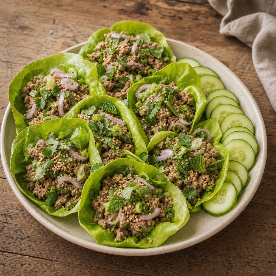 Turkey larb in butter lettuce cups with herbs and cucumber