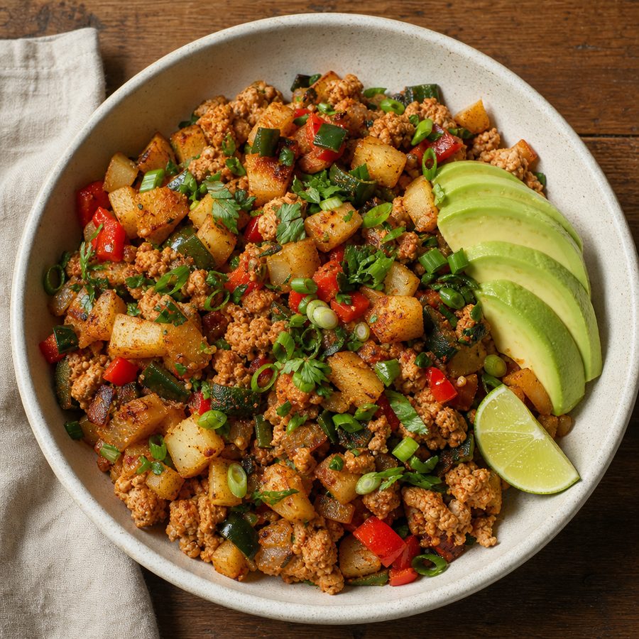 Turkey, pepper and turnip breakfast hash with avocado