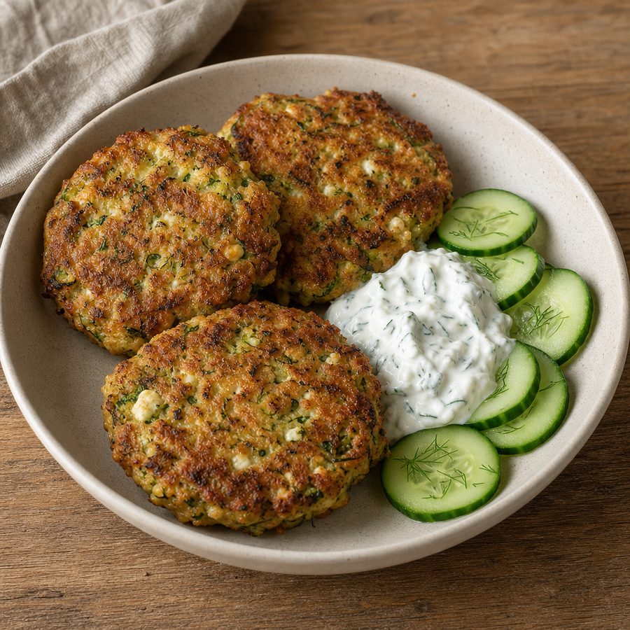 Turkey zucchini fritters with lemon yogurt and sliced cucumber