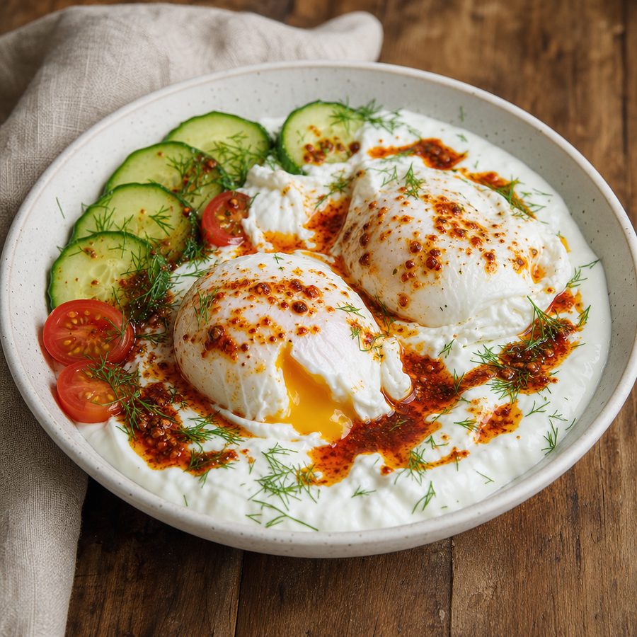 Turkish poached eggs over garlic yogurt with red Aleppo butter