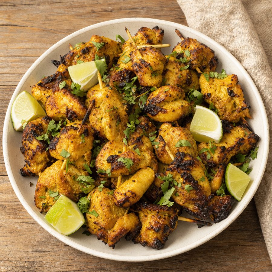 Turmeric-ginger chicken skewers with cilantro and lime wedges