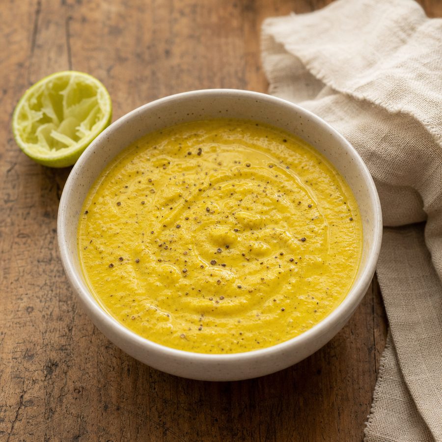 Golden turmeric ginger coconut marinade in a small bowl